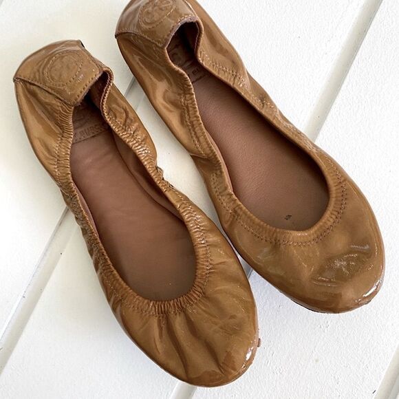 Tory Burch Patent Leather Tan Eddie Ballet Flats 8 - Picture 2 of 11